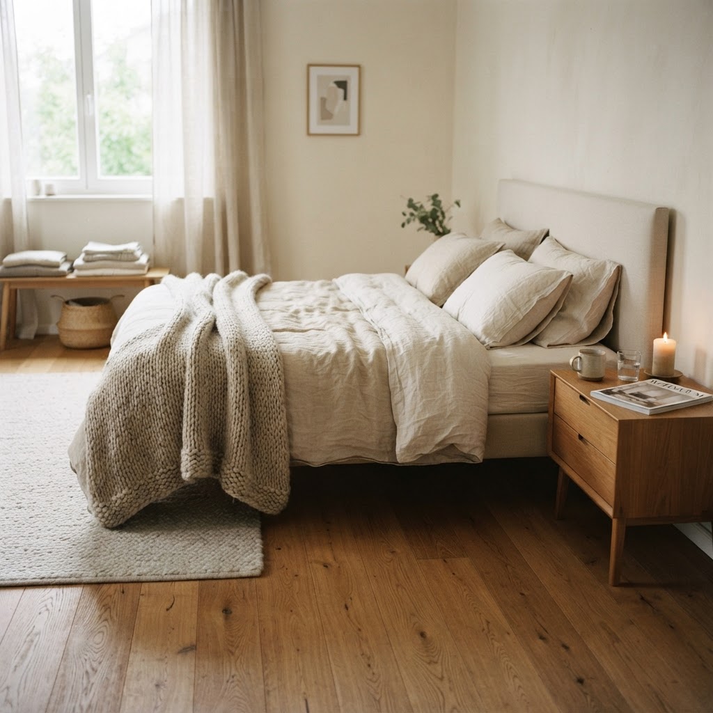 Ruhiges Schlafzimmer mit natürlichem Holzboden und weichen Textilien
