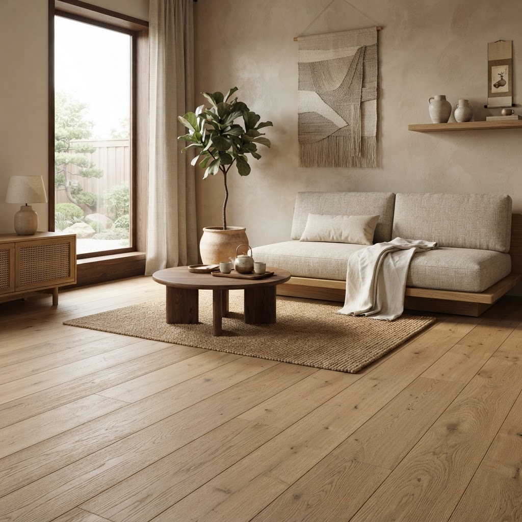 Ruhiger matter Holzboden in einem Japandi-inspirierten Interieur