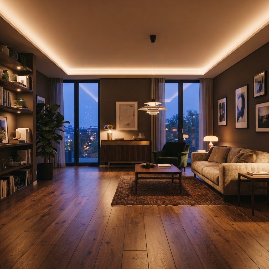 Eleganter Holzboden im Abendlicht mit warmer indirekter Beleuchtung