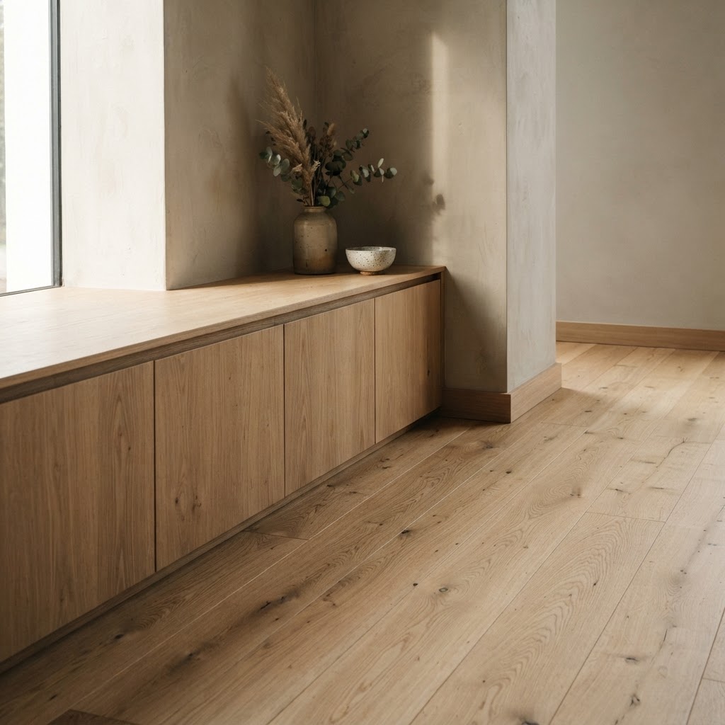 Monochromes Wohnzimmer mit natürlichem Eichenboden und warmen Greige-Tönen