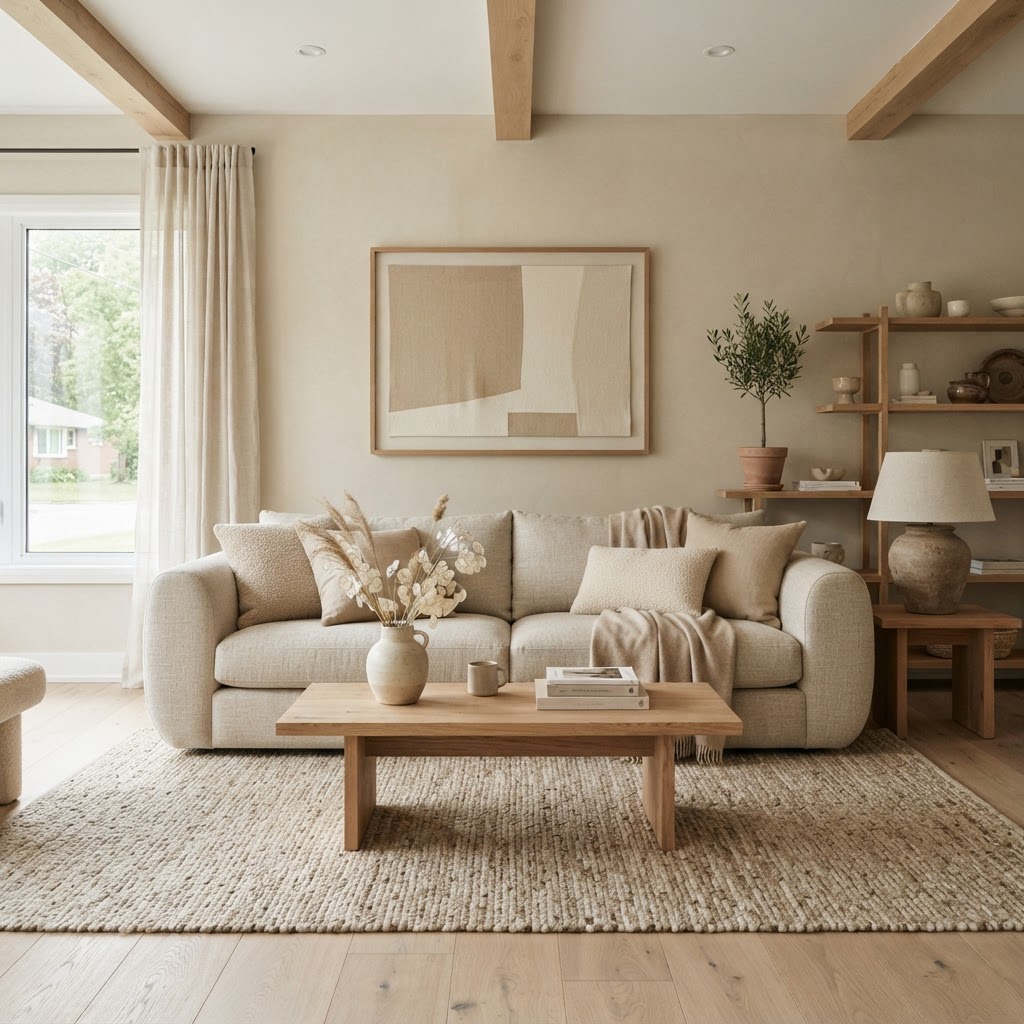 Ruhiges Wohnzimmer mit abgestuften Beige- und Sandtönen