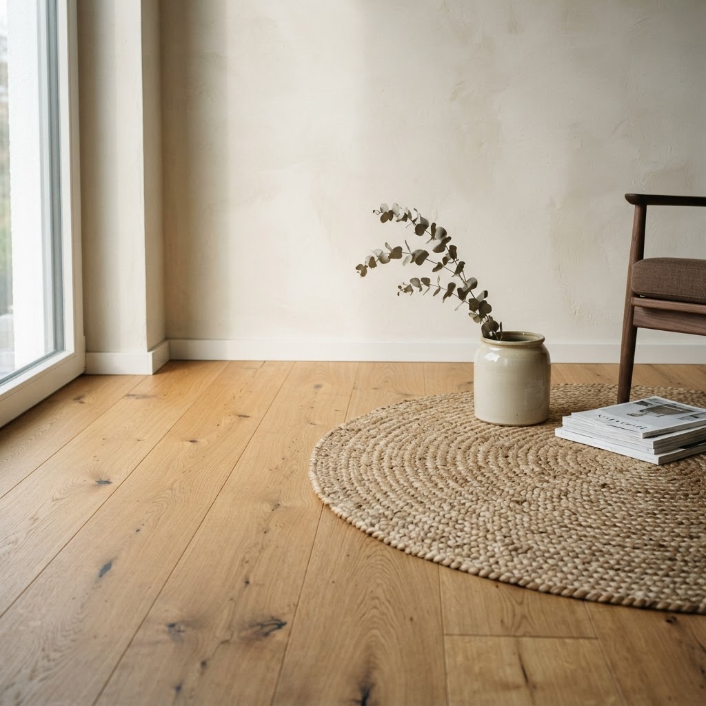 Holzboden trifft auf mineralische Wand und gewebten Teppich