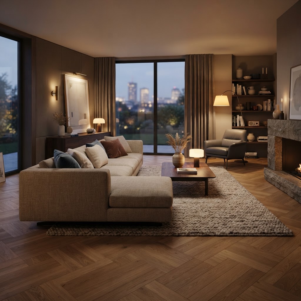 Abendlicher Wohnraum mit diagonal verlegtem warmem Holzboden