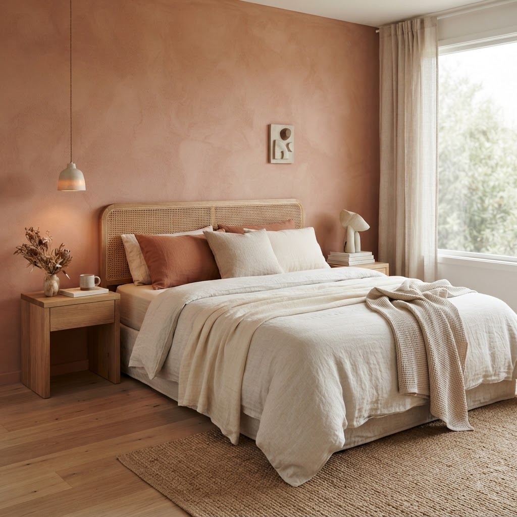 Schlafzimmer mit hellem Eichenboden, Terrakotta-Wand und Leinentextilien