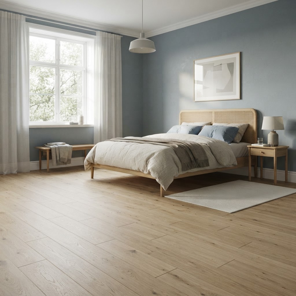 Heller Eschenboden mit sauberem Wandanschluss im skandinavischen Schlafzimmer