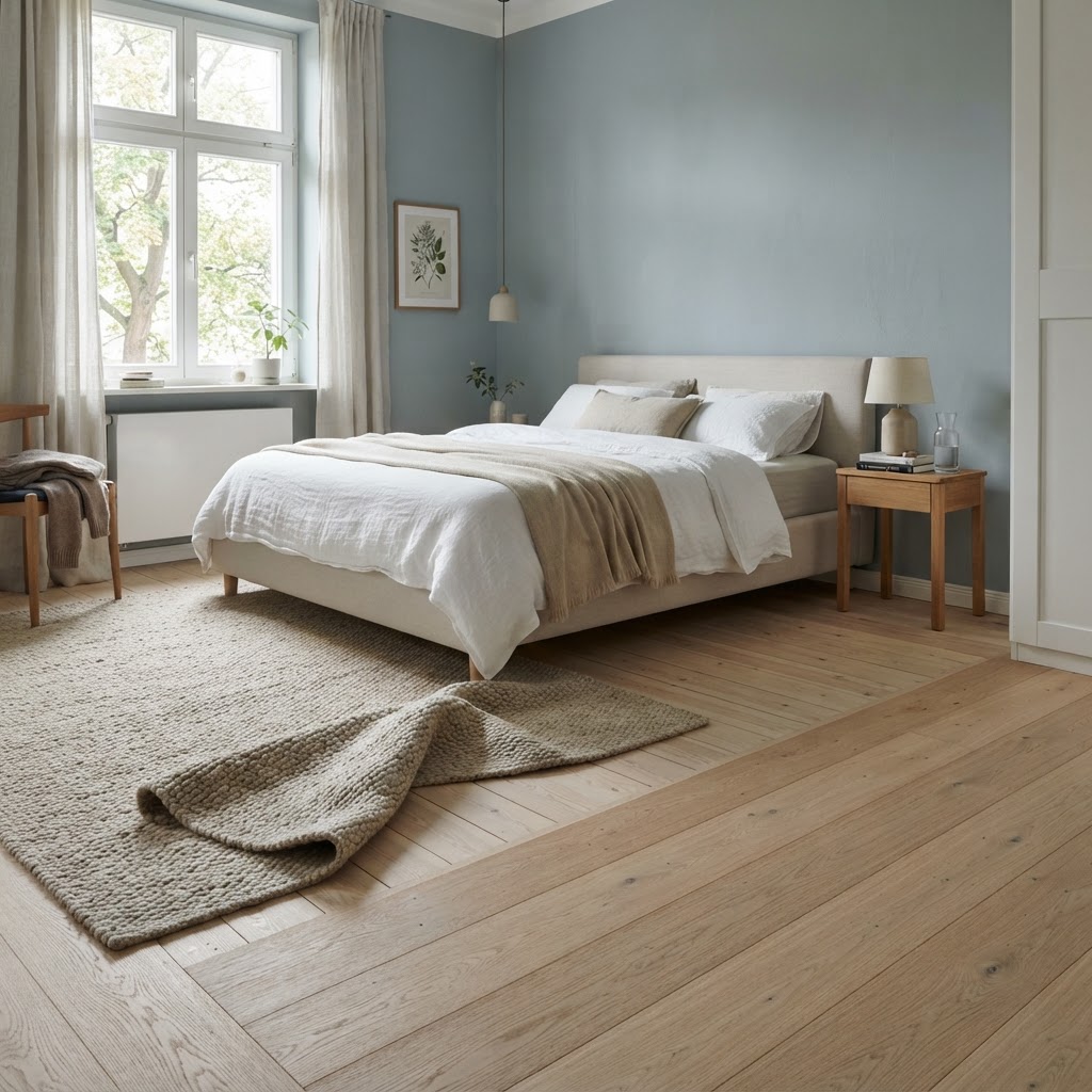 Helles Eschenparkett mit matter Oberfläche in einem ruhigen Schlafzimmer mit blaugrauen Wänden