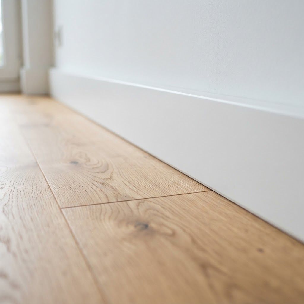 Präzise Sockelleiste als Übergang zwischen Wand und Parkett
