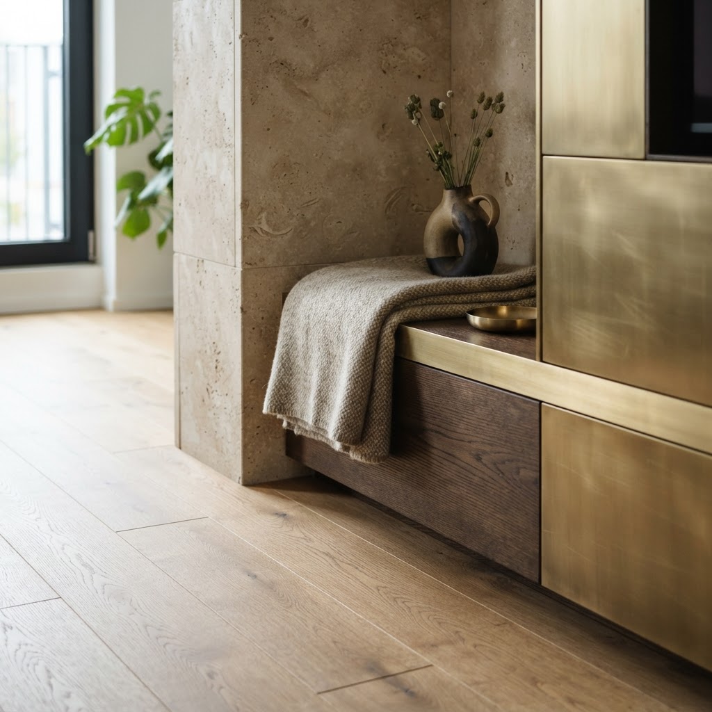 Materialkomposition aus Holz, Naturstein, Metall und Textilien