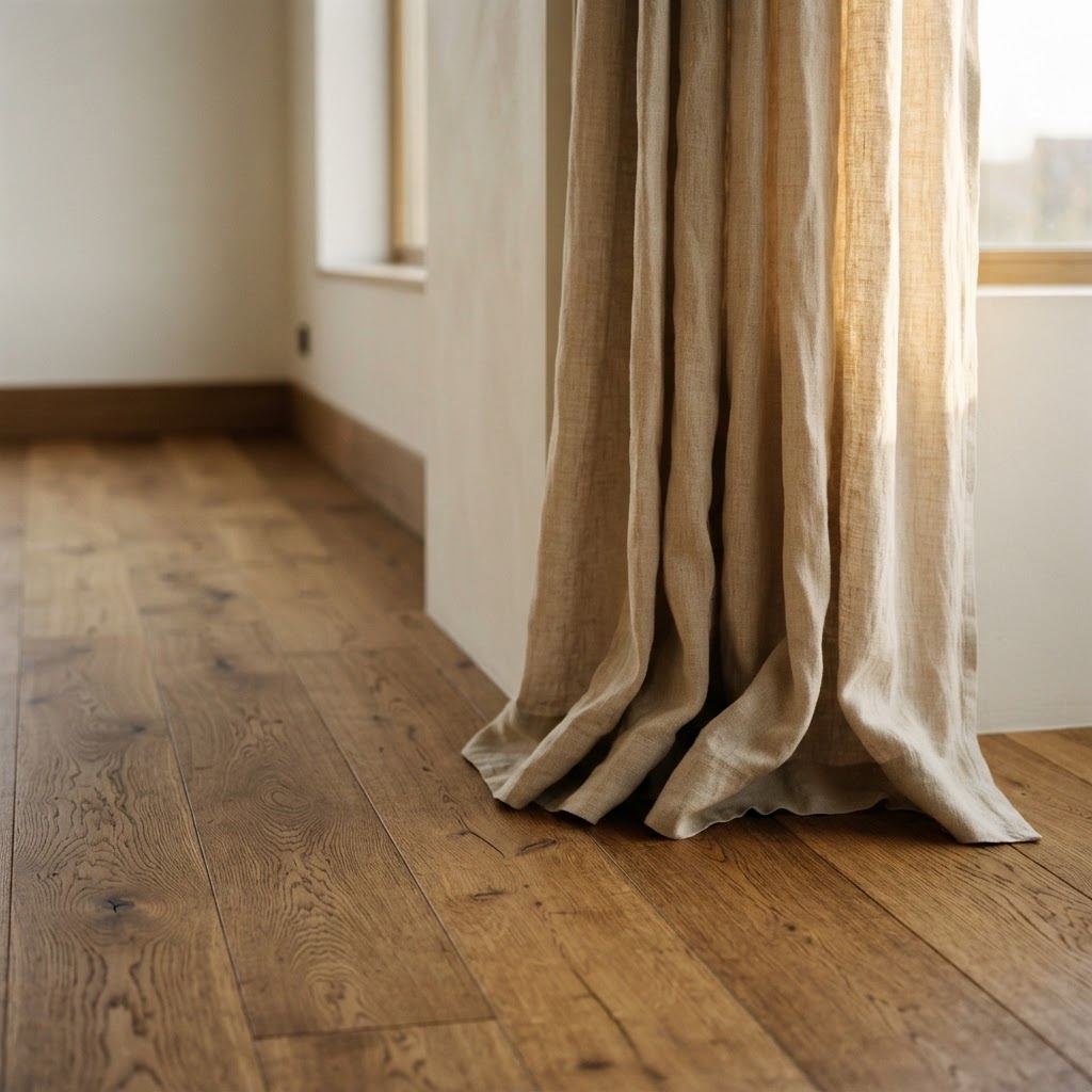 Eichenboden und bodentiefe Leinenvorhänge im eleganten Wohnraum