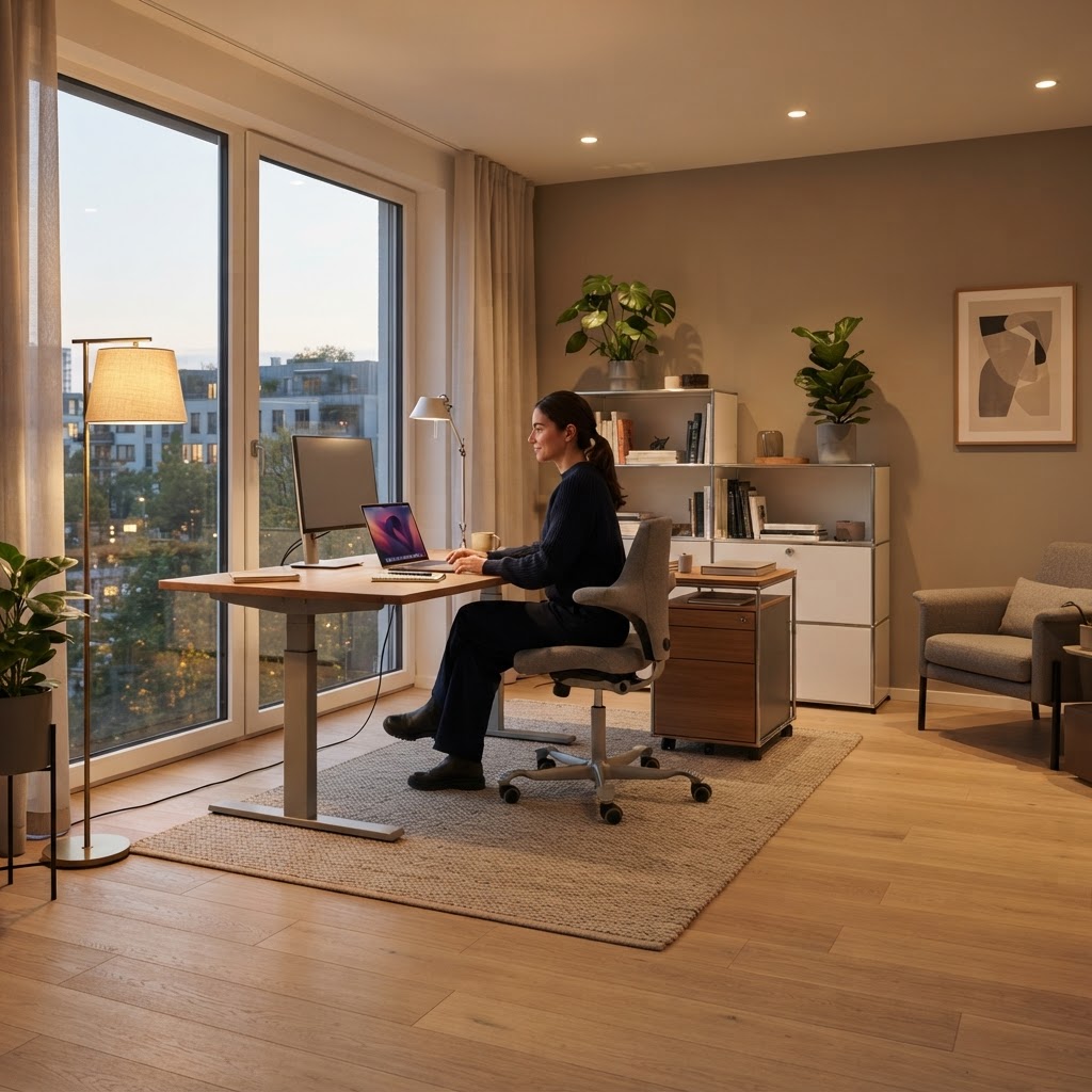 Flexibles Homeoffice mit langlebigem Designboden und wohnlichen Materialien