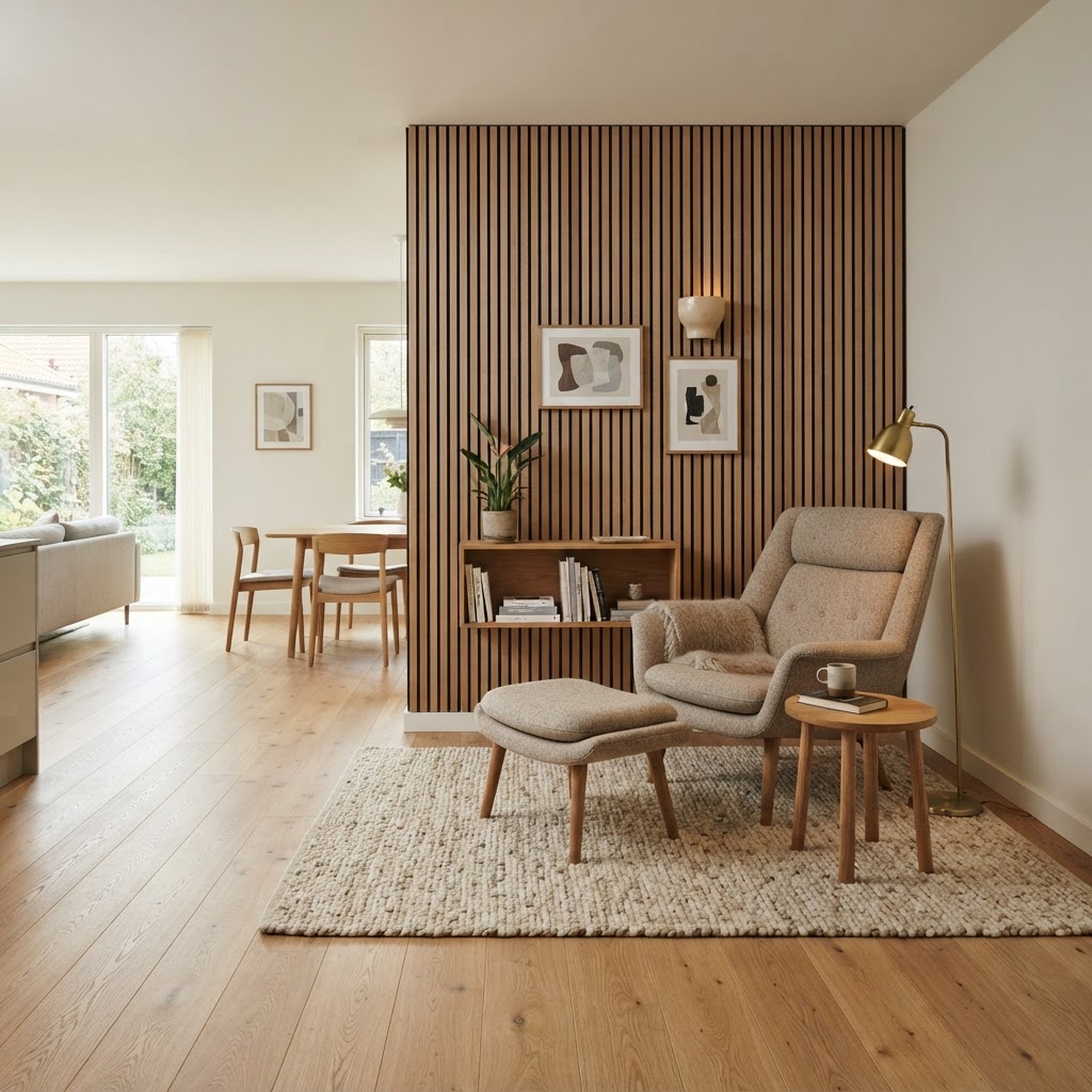 Lesebereich mit Holzboden, Wollteppich und akustischer Wandgestaltung