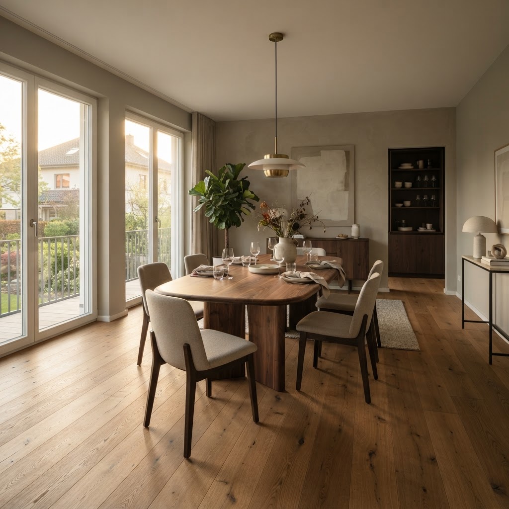 Eleganter Essbereich mit Holzboden, Tisch und zentraler Pendelleuchte