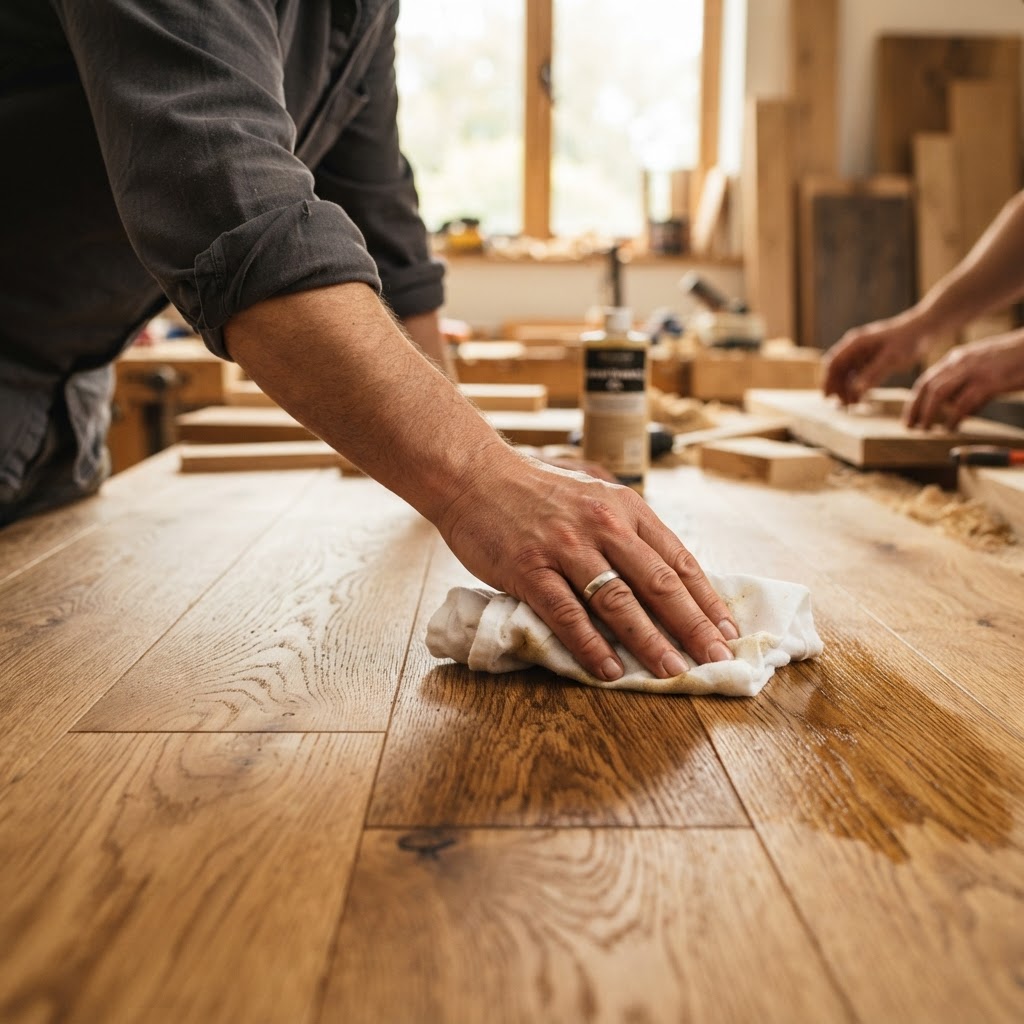 Handwerkliche Pflege eines Eichenbodens mit einem weichen Tuch