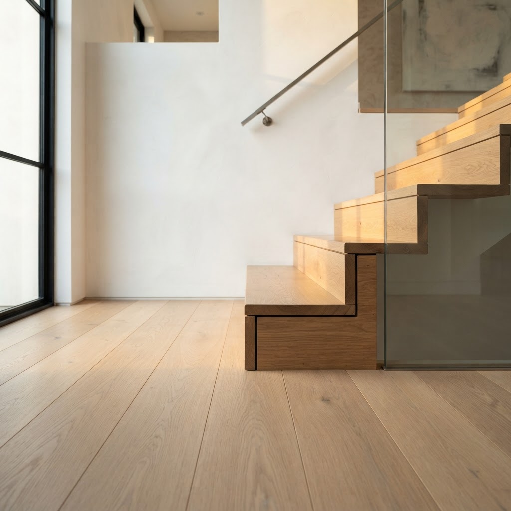 Detail einer sorgfältig geplanten Treppenkante mit Holzboden