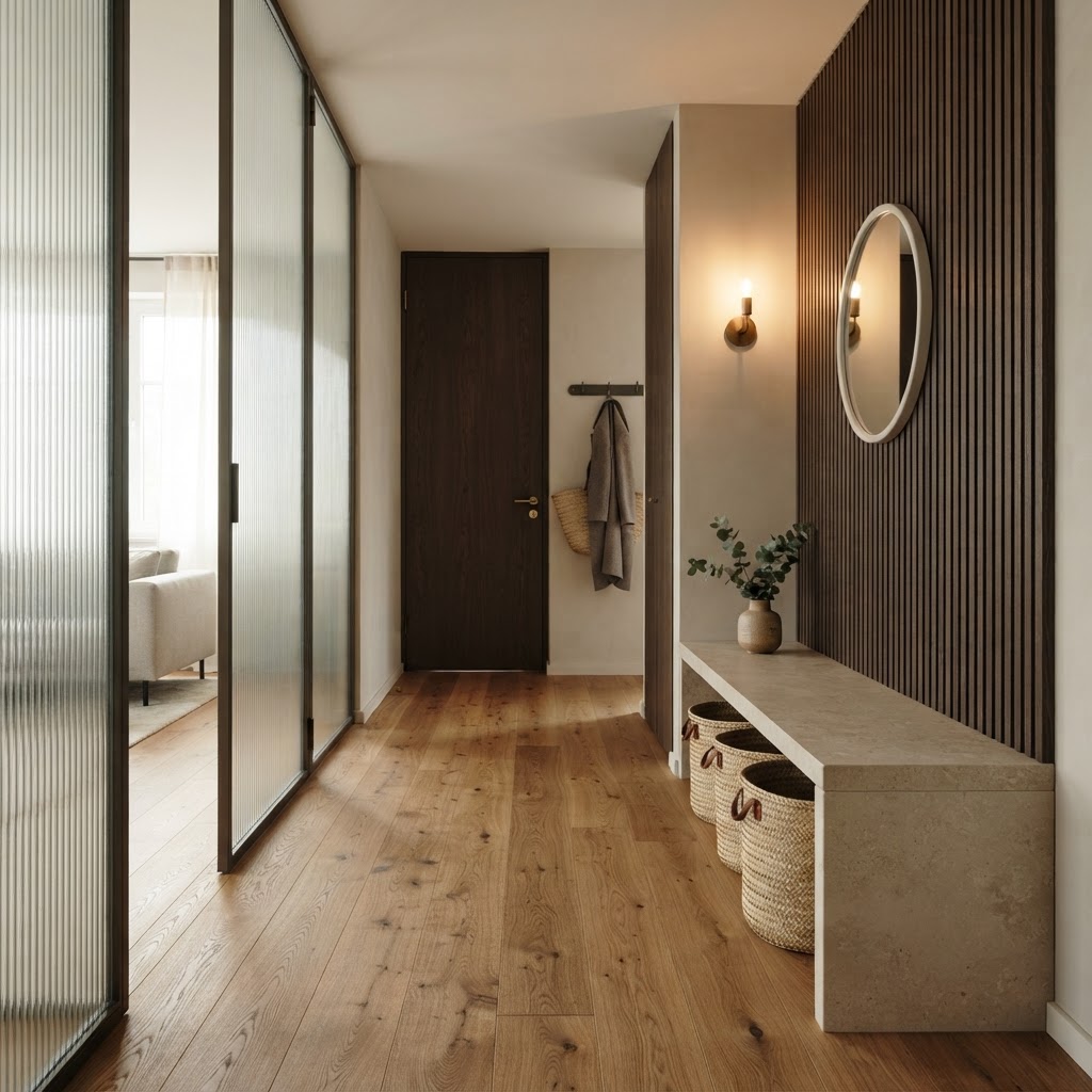 Materialrhythmus im Eingangsbereich mit Holz, Stein und Glas