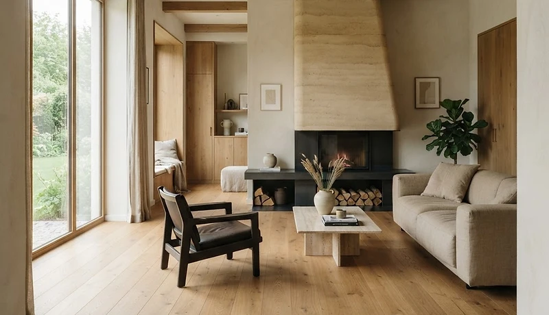 Boden und Kamin: Wärme, Material und die präzise Mitte des Raumes