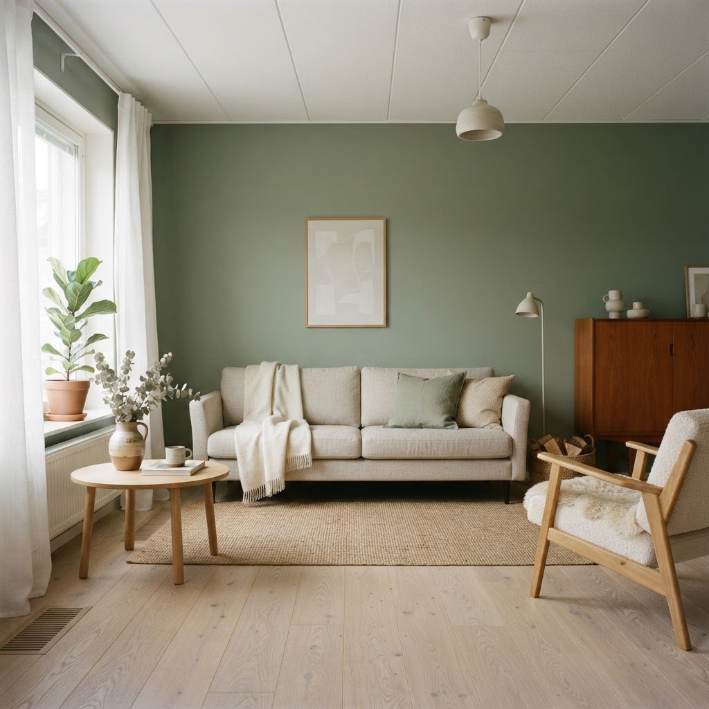 Skandinavisches Wohnzimmer mit hellem Eschenboden über einer Fußbodenheizung