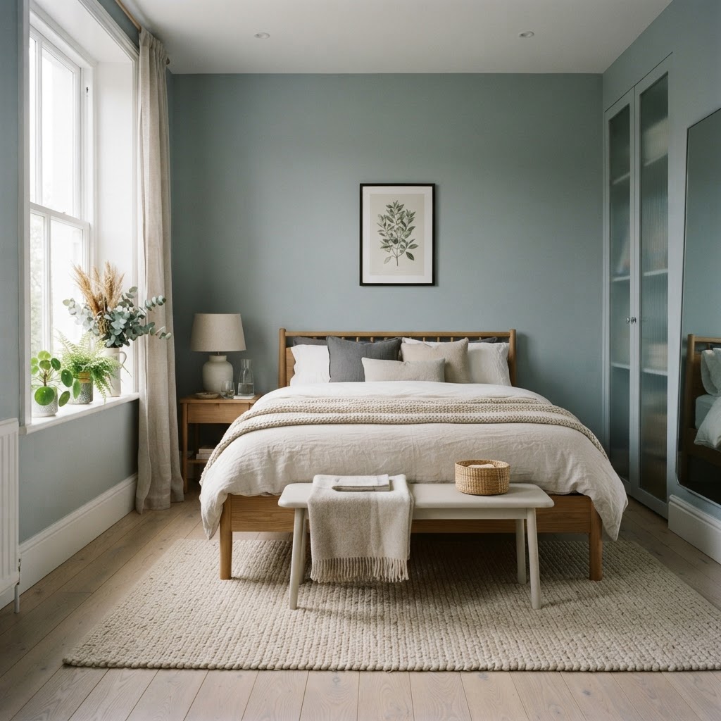 Schlafzimmer mit hellem Eschenboden, blaugrauen Wänden und feinen Pflanzen