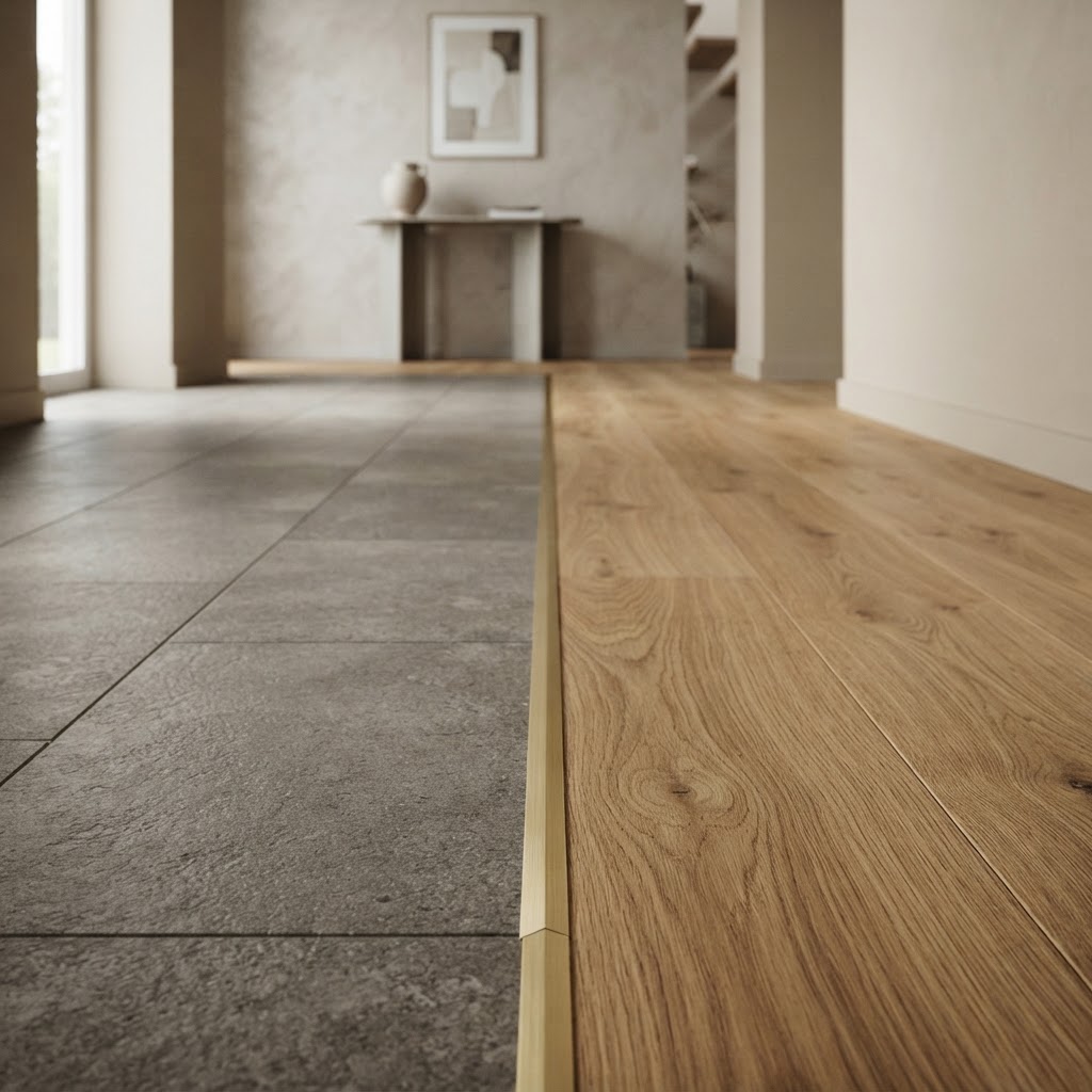 Präziser Übergang zwischen Holz und mineralischer Bodenoptik