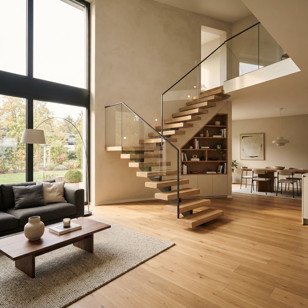 Treppe als verbindendes Gestaltungselement in einem offenen Wohnraum