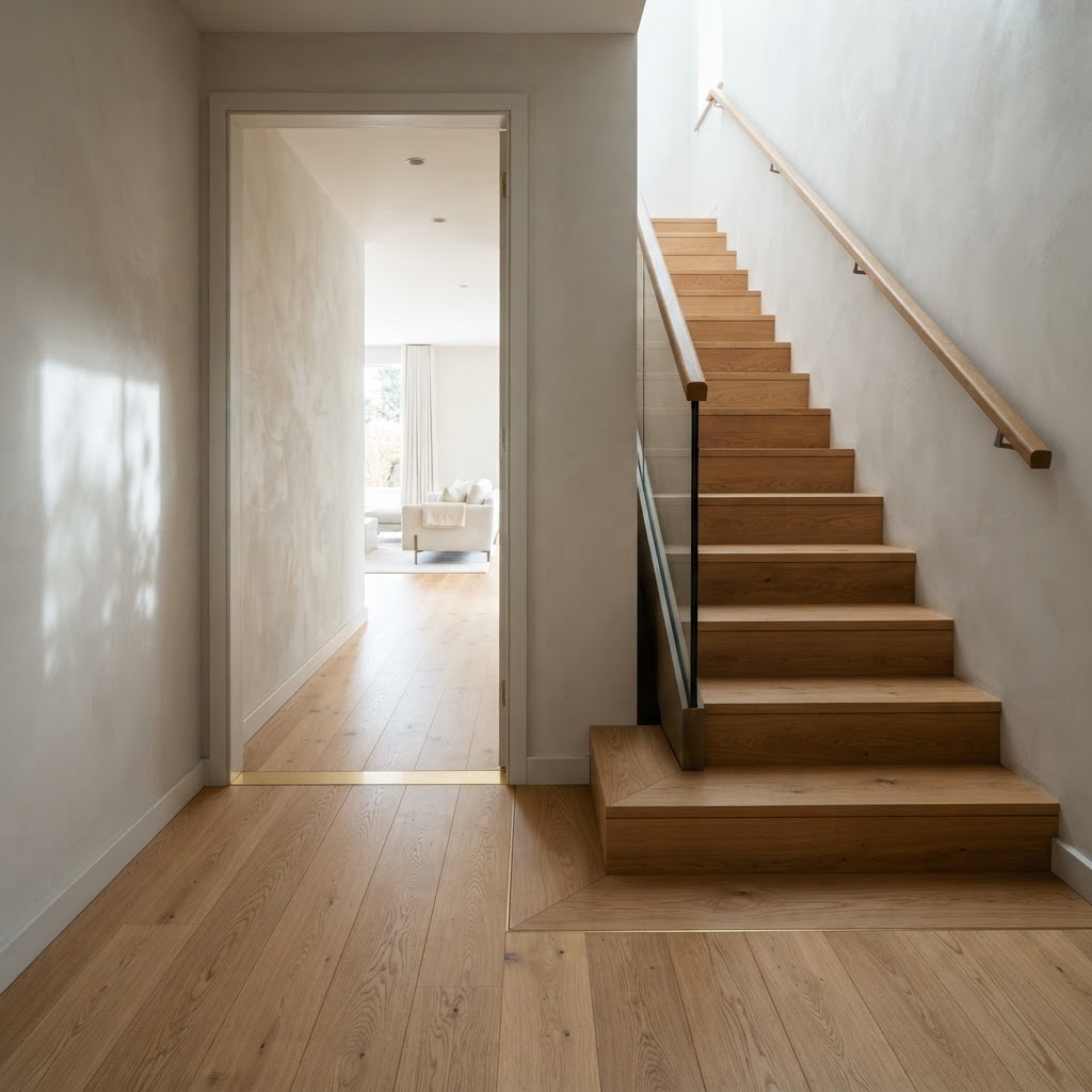 Holzboden mit präzisem Richtungswechsel an Tür und Treppe