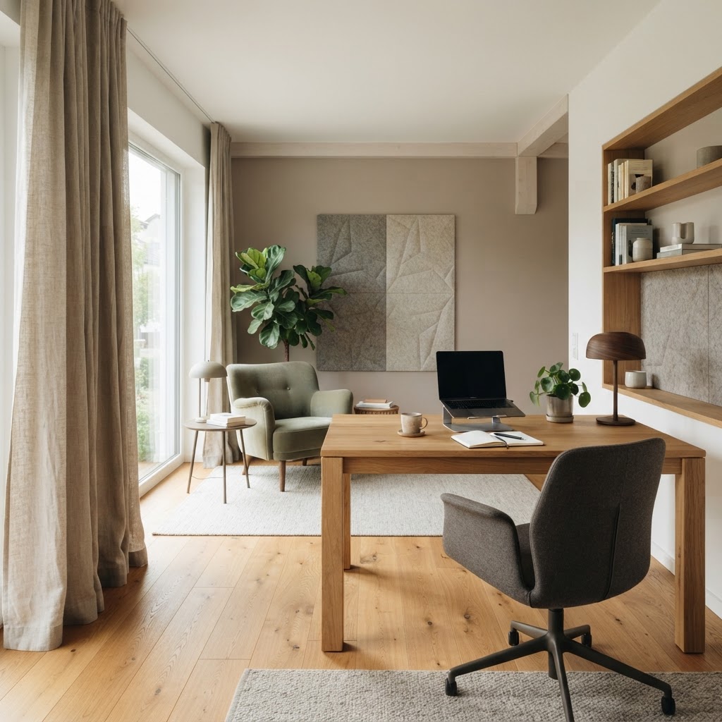 Ruhiges Homeoffice mit Holzboden, Vorhängen und dezenten Akustikpaneelen