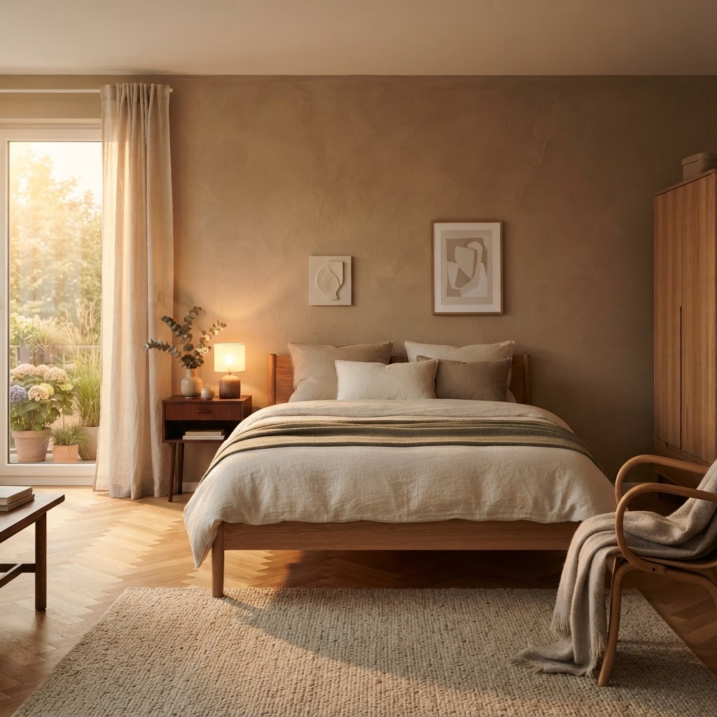Ruhiges Schlafzimmer mit Lehmton und natürlichem Parkettboden