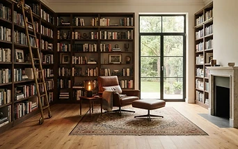 Boden und Bibliothek: Ruhe, Rhythmus und maßvolle Raumgliederung