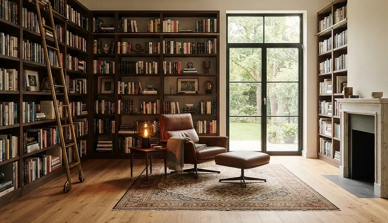 Boden und Bibliothek: Ruhe, Rhythmus und maßvolle Raumgliederung