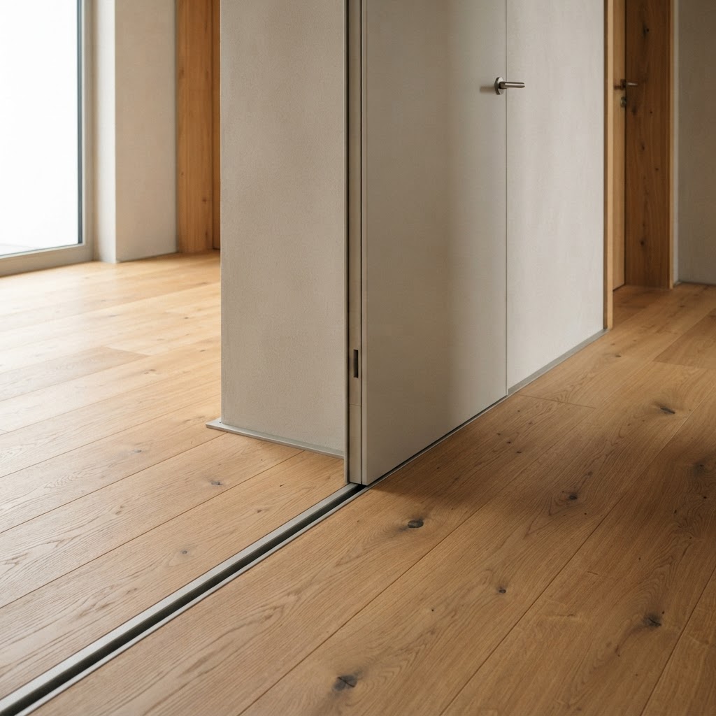 Detail eines präzisen Eichenbodenanschlusses an eine minimalistische Innentür mit Schattenfuge