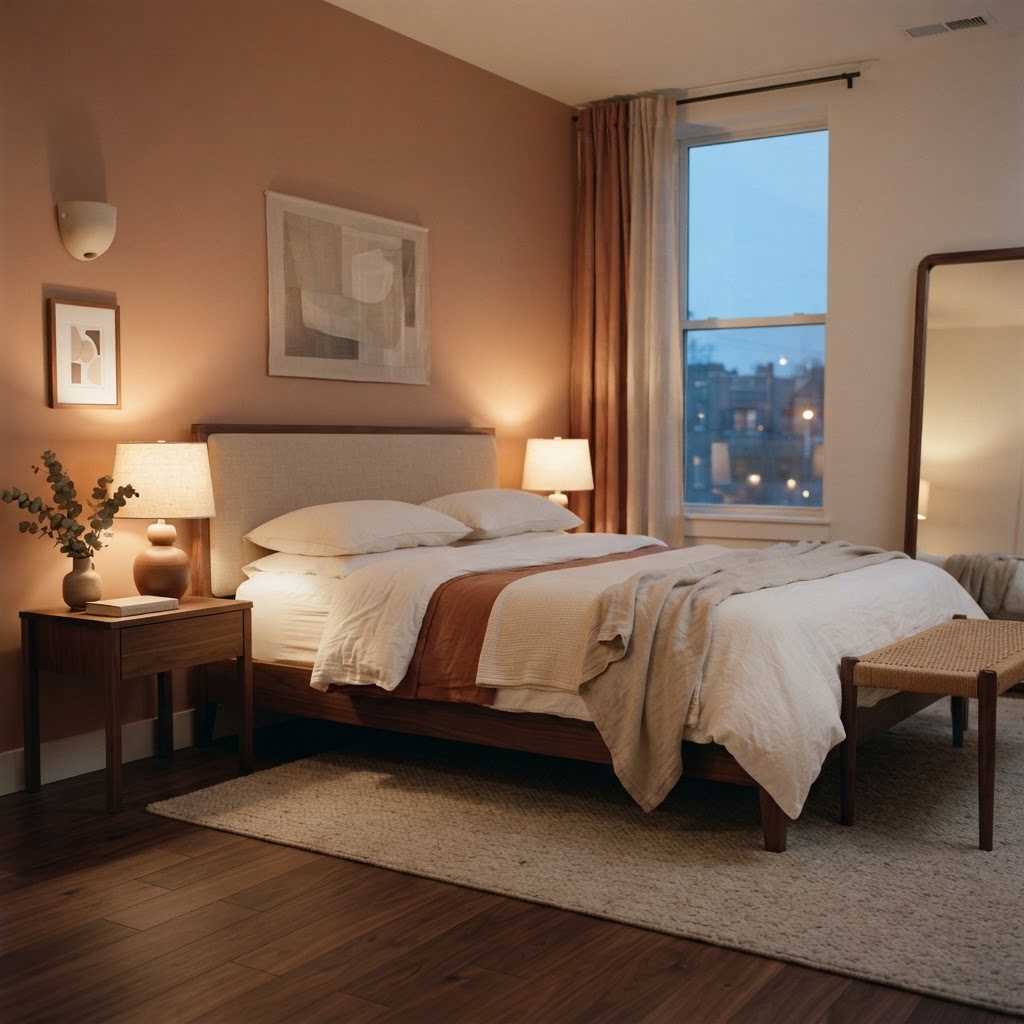 Schlafzimmer mit Nussbaum-Boden und terracottafarbener Wand