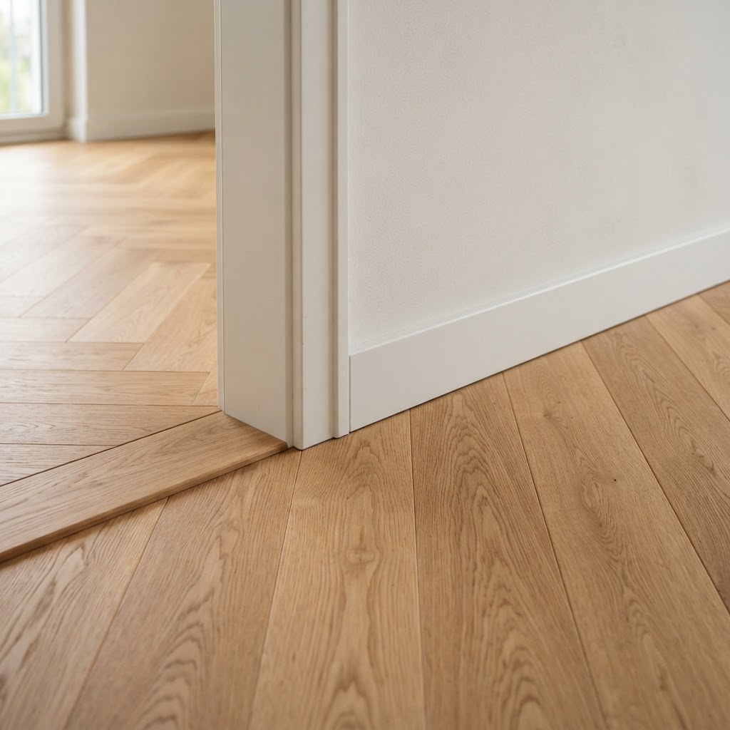 Präziser Übergang vom diagonalen Holzboden zur Fliesenfläche