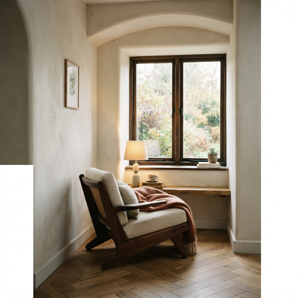 Lesenische mit Fenstervertiefung, Stuhl und warmem Parkettboden