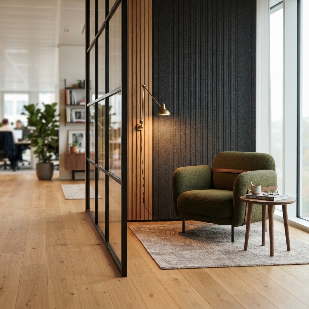 Glas, Holz und textile Akustikelemente bilden einen transparenten Raumteiler