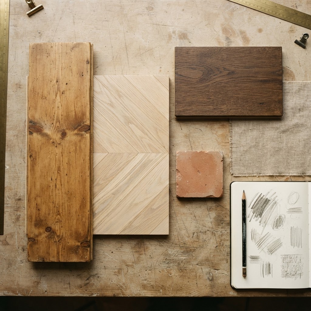 Materialmuster aus alten Kieferndielen, heller Esche und geräucherter Eiche auf einem Planungstisch