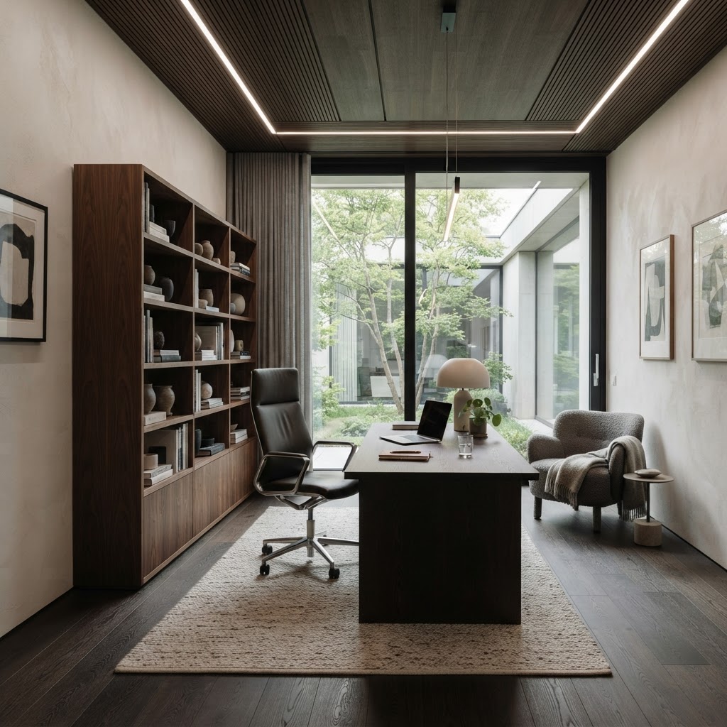 Ruhiges Homeoffice mit hochwertigem Boden, Textilien und akustischem Deckendetail