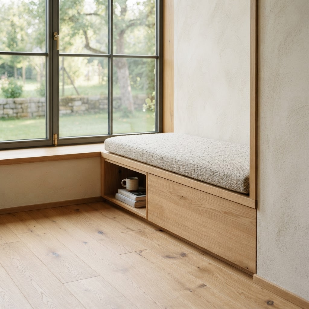 Präziser Übergang von Eichenboden zu einer gefliesten Fensterzone an der Balkontür