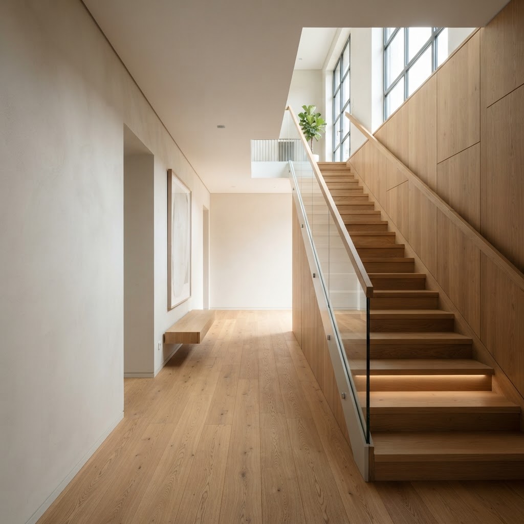 Treppenhaus mit ruhiger Bodenachse und natürlichem Licht