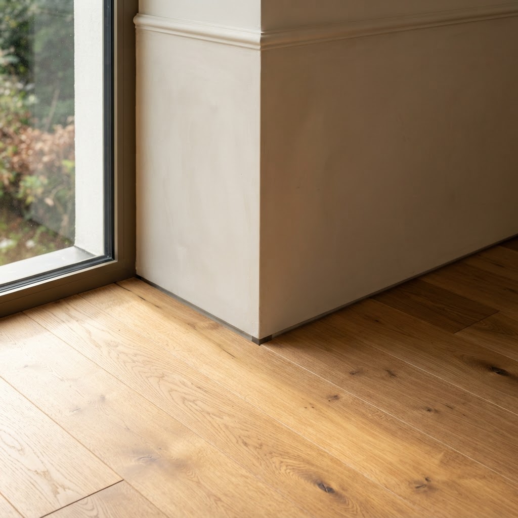 Detail einer tiefen Fensterlaibung mit Eichenboden und präziser Schattenfuge