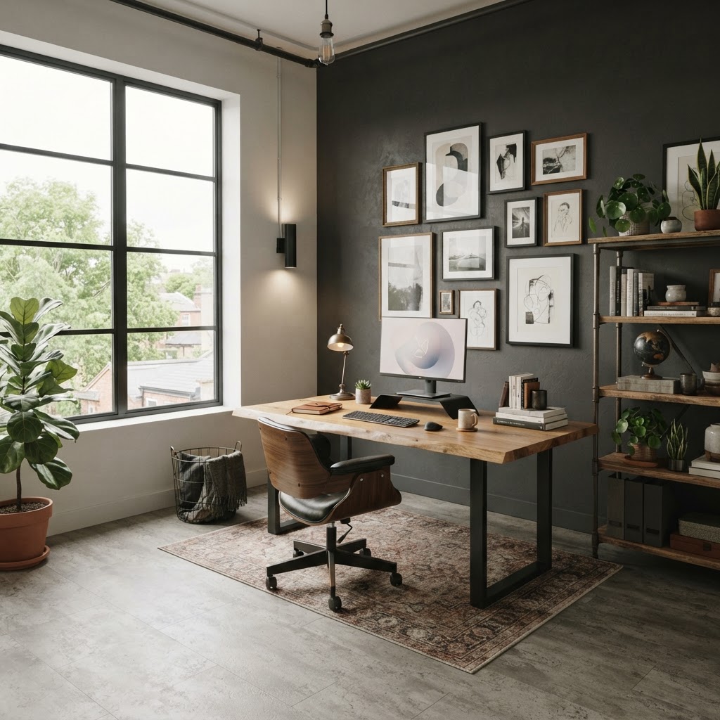 Arbeitszimmer mit Betonoptik-Vinyl und anthrazitfarbener Wand