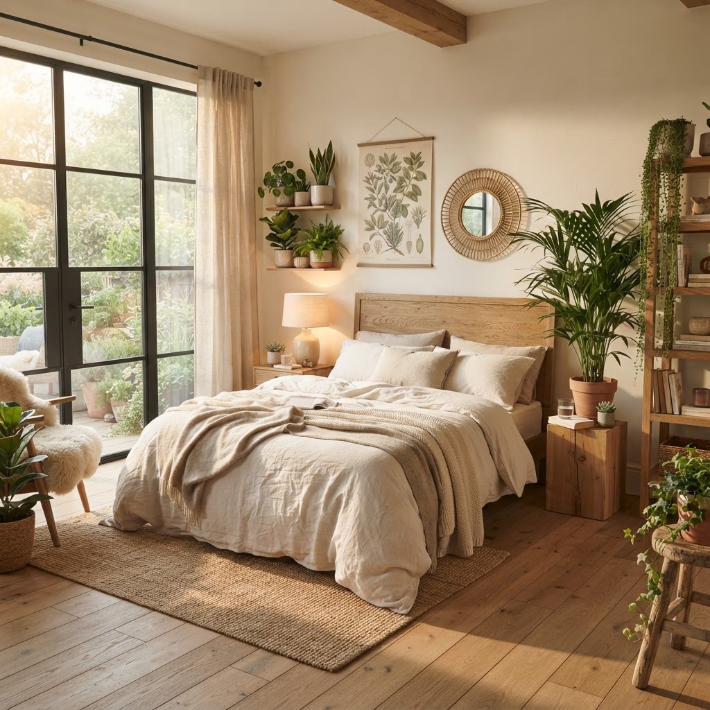 Ruhiges Schlafzimmer mit natürlichem Holzboden, Leinen und Pflanzen