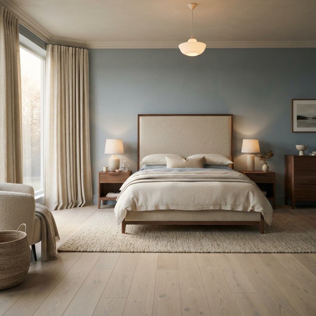 Schlafzimmer mit hellem Eschenboden, Vorhängen und ruhiger Materialpalette