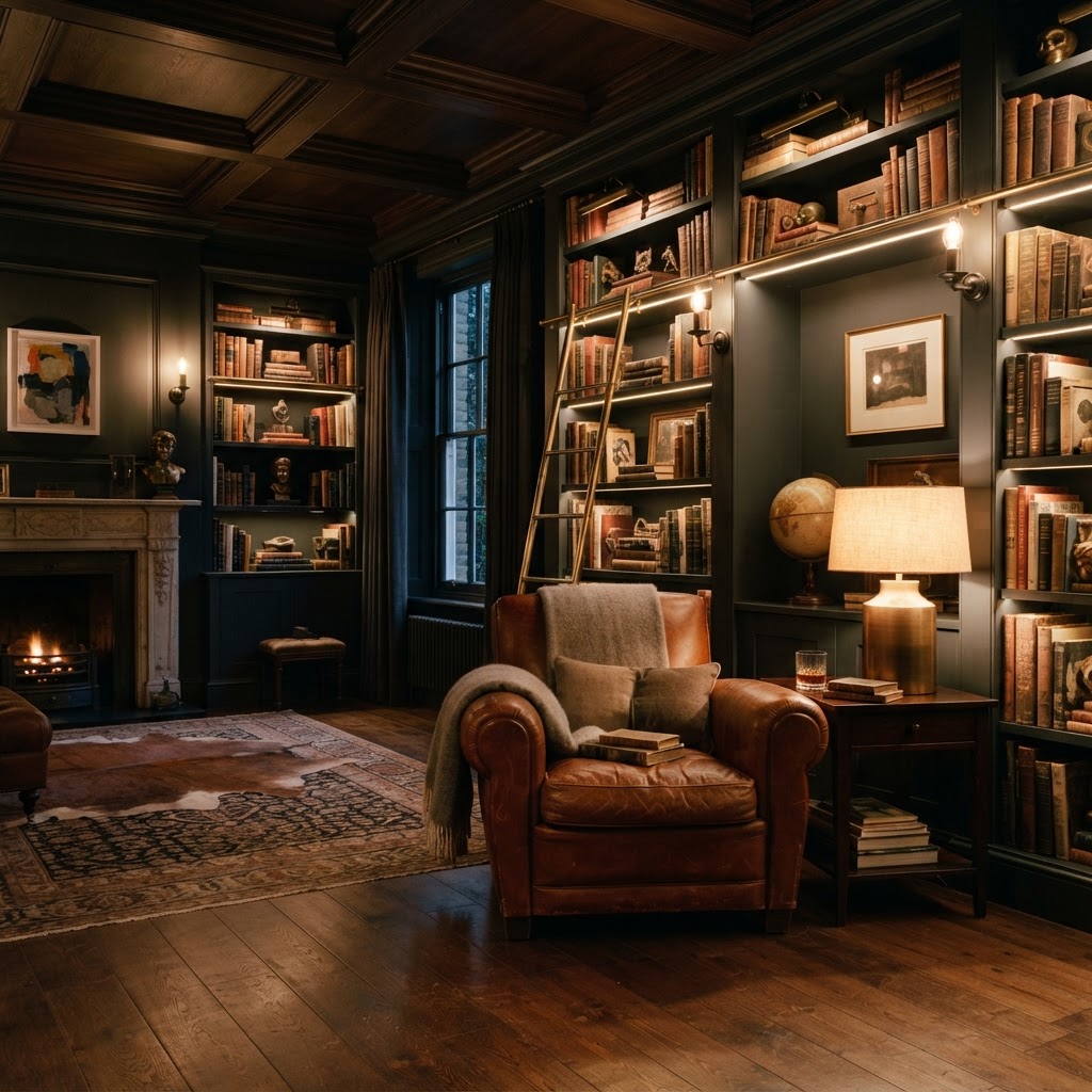 Intime Bibliothek mit Nussbaum und anthrazitfarbenen Wänden