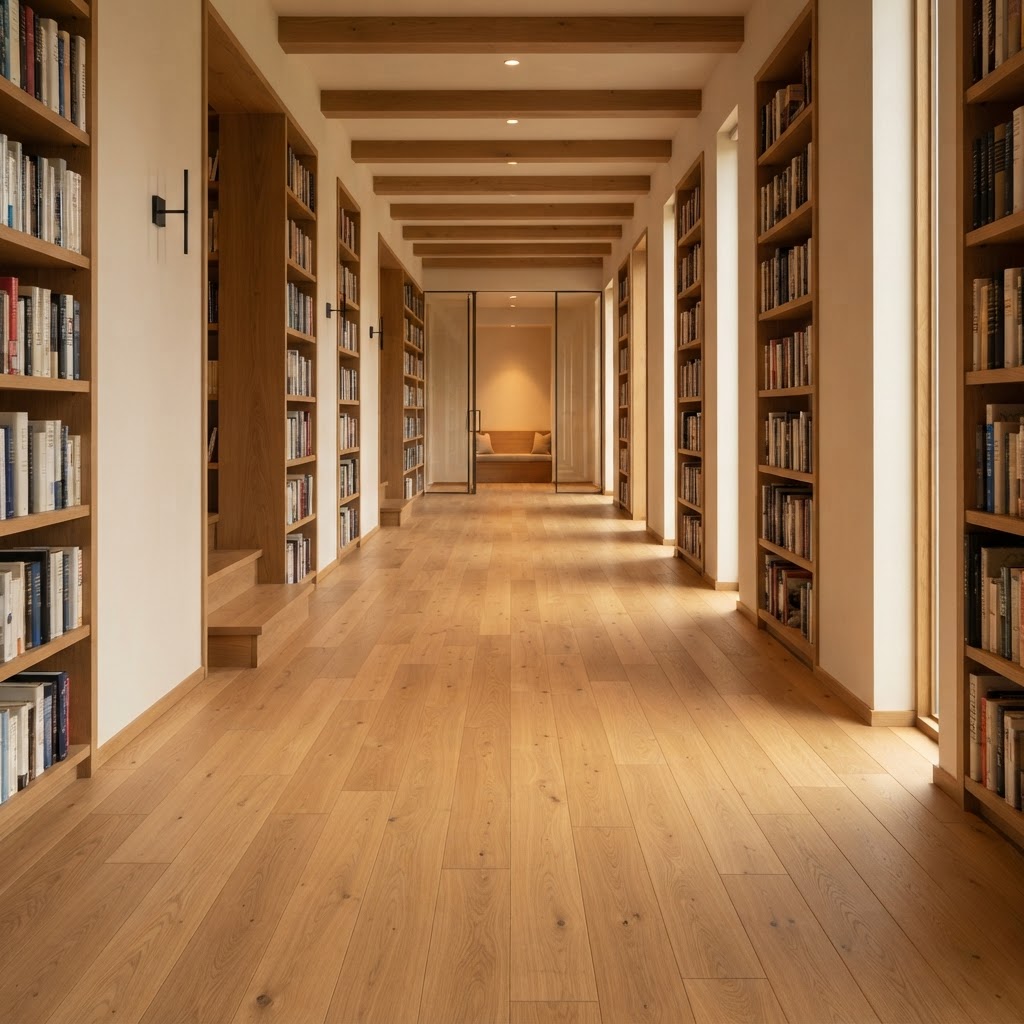 Perspektivische Bibliothek mit längs ausgerichteten Eichenplanken