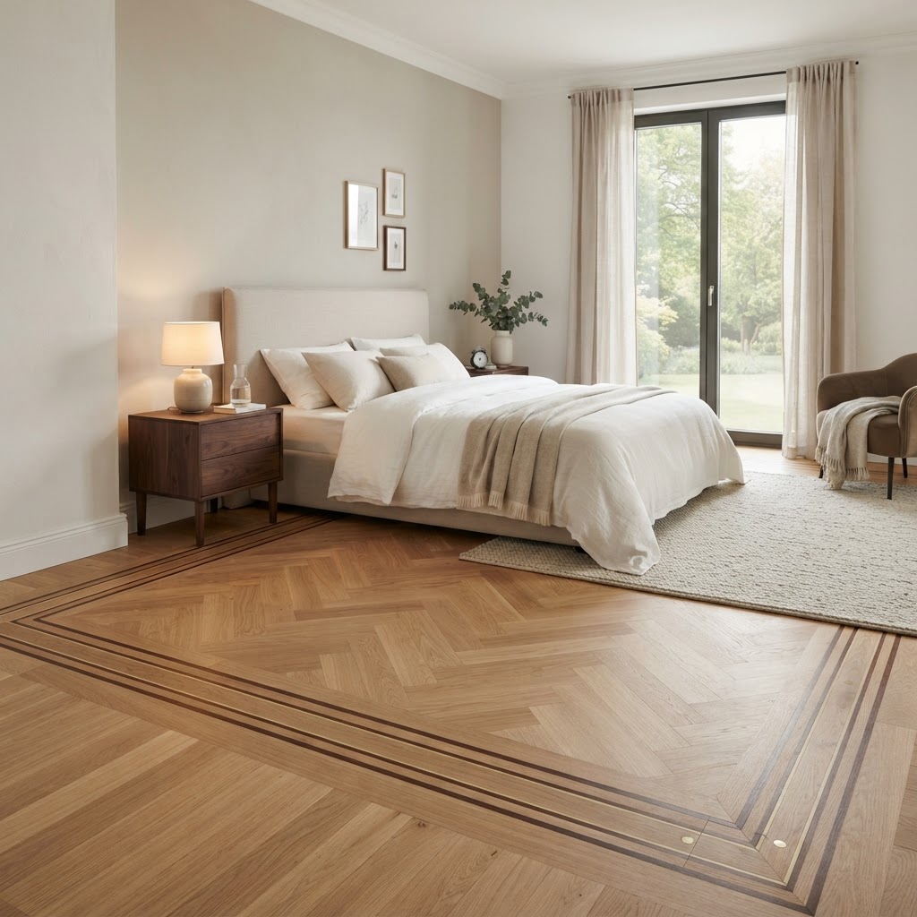 Ruhiges Schlafzimmer mit dezent gerahmter Eichenfläche