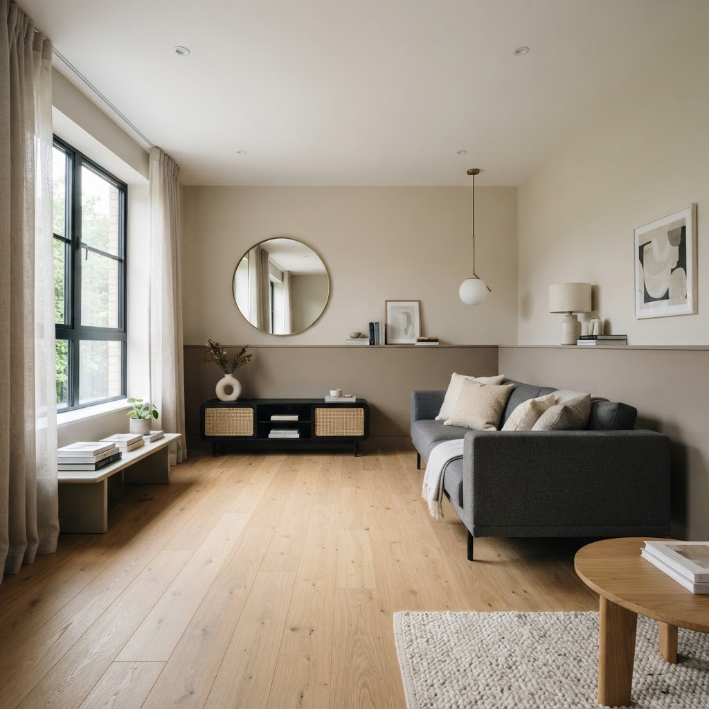 Minimalistischer Wohnraum mit beleuchteter Sockelleiste und ruhigem Parkett