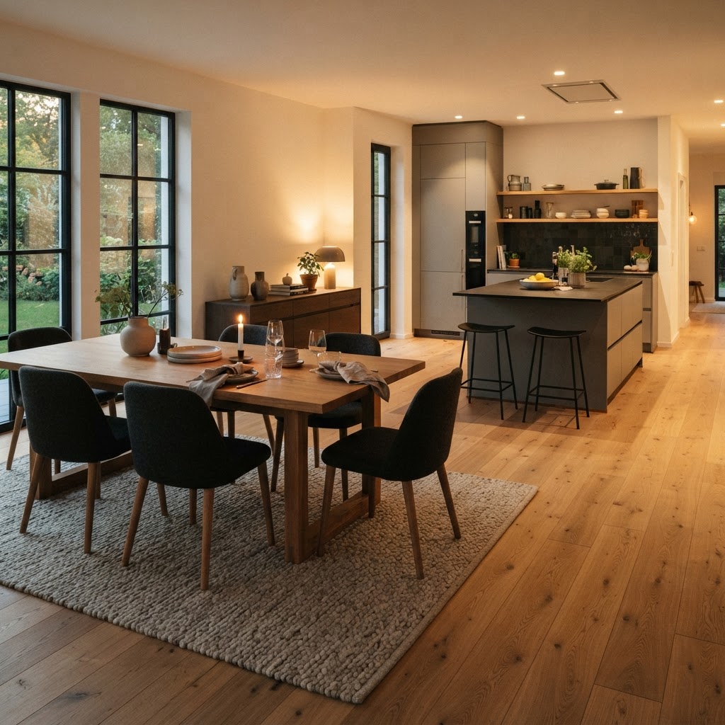 Teppich und niedriges Sideboard markieren eine Esszone auf durchgehendem Naturholzboden