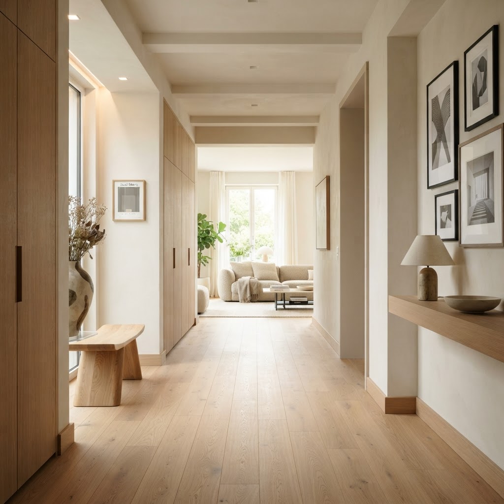Längs verlegte Eichendielen führen den Blick durch einen hellen Flur in den Wohnraum