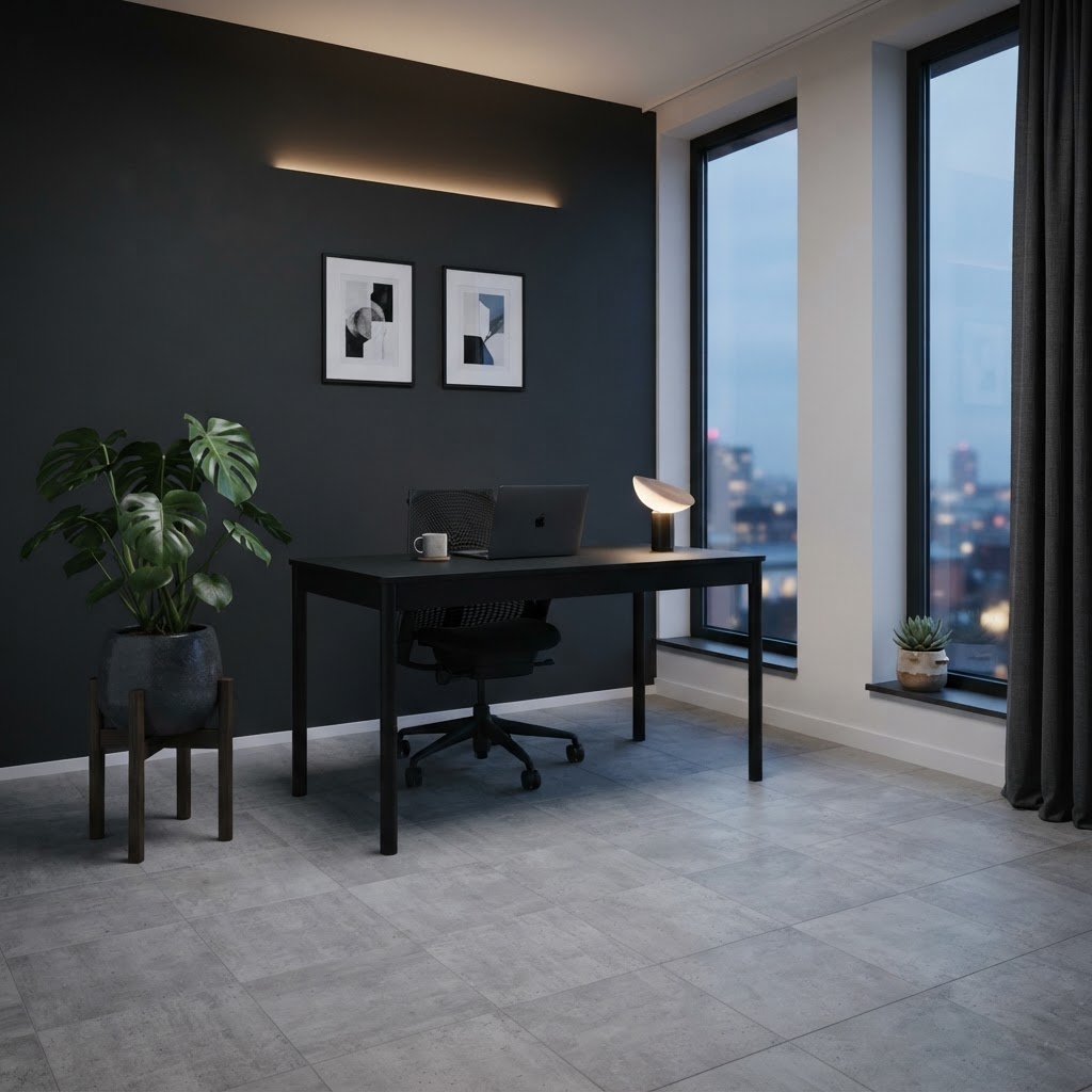 Modernes Arbeitszimmer mit Betonoptik-Vinyl, Anthrazitwand und grünen Pflanzen