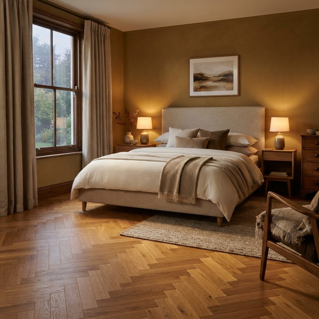 Warmes Schlafzimmer mit Eichenparkett und behaglicher Fußbodenheizung am Abend